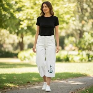 ANTHROPOLOGIE Elevenses Anchor Cropped Wide Leg‎ Sailor Pants Size 4 White Linen